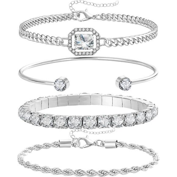 4 Piece Silver Bracelets Set Dainty for Women 14K Plated Link Cubic Zirconia - Picture 2 of 7